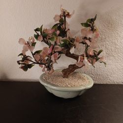 GORGEOUS Chinese Rose Quartz & Jade 6"x10" Bonsai Fortune Tree w Celadon Planter.

