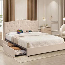 VECELO Queen Size Platform Bed Frame with 4 Storage Drawers,Fabric Upholstered Headboard and Wooden Slats Support,Built-in USB and Type C Ports, No Bo
