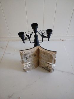 Metal Halloween Candle Holder And Spooky Raven Book 