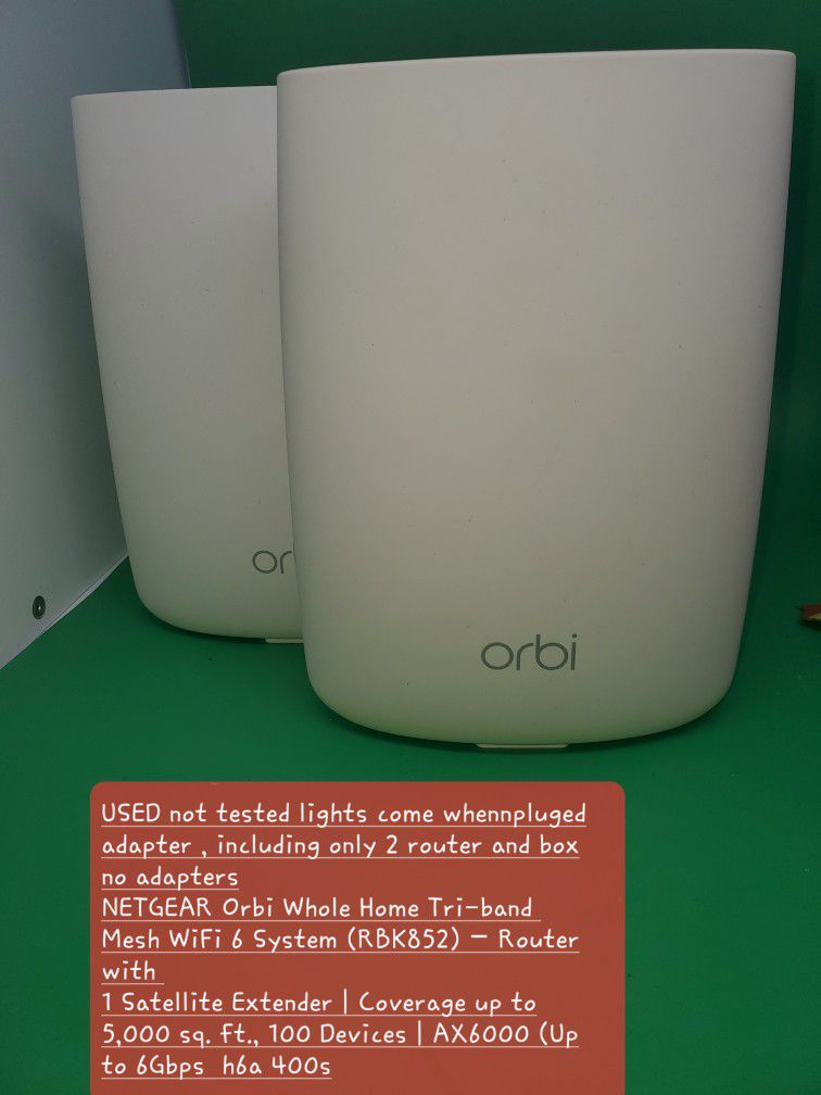 USED not tested lights come whennpluged adapter , including only 2 router and box no adapters
NETGEAR Orbi Whole Home Tri-band 
Mesh WiFi 6 System (RB