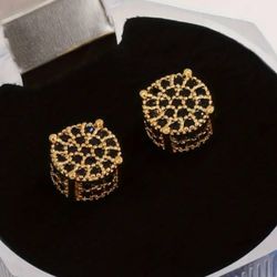 Exquisite Micro Pave 18K Gold Plated Black Cubic Zirconia Men Women 3D Stud Earrings 