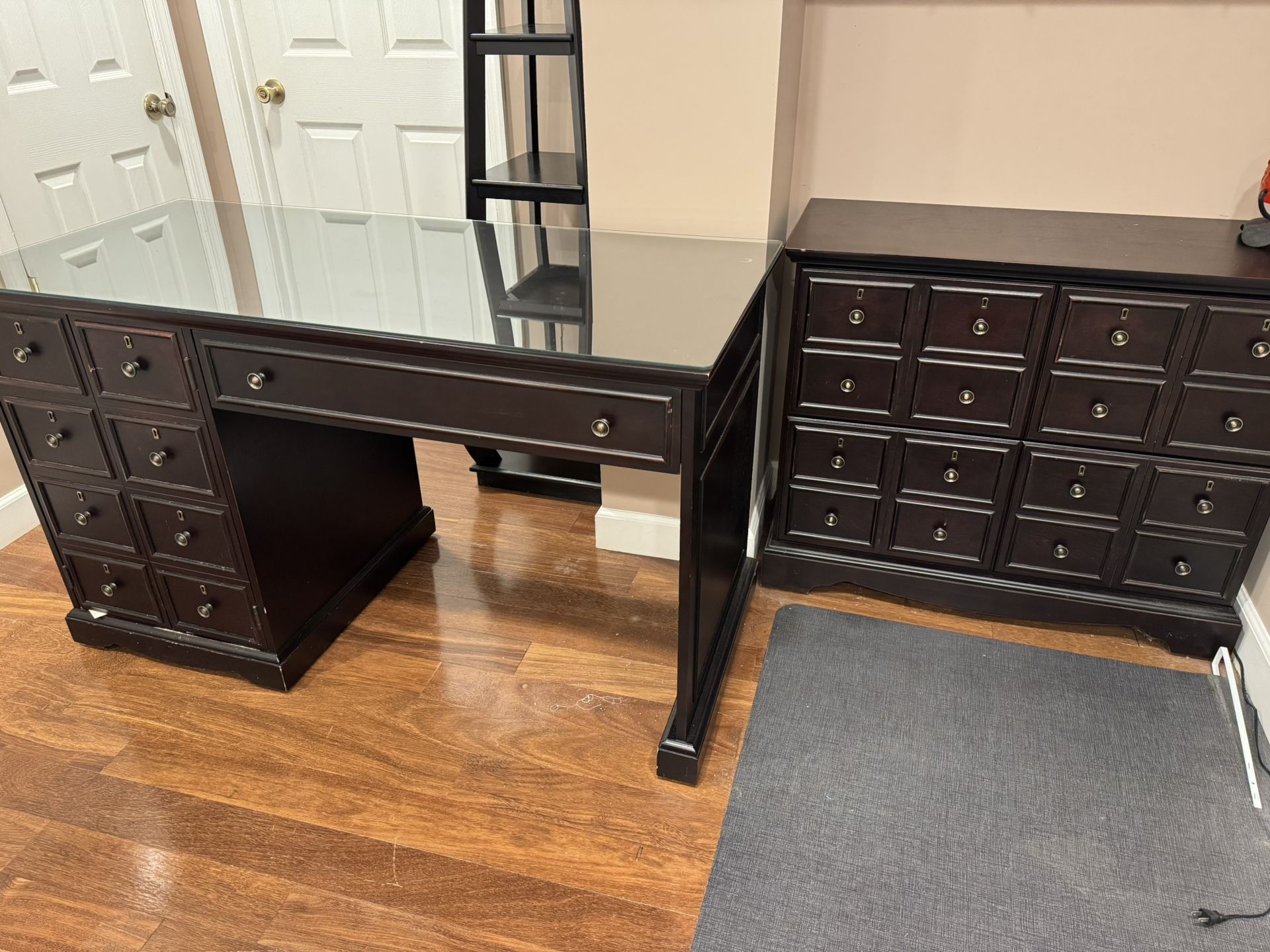 Wooden Desk And Matching File Cabinet 