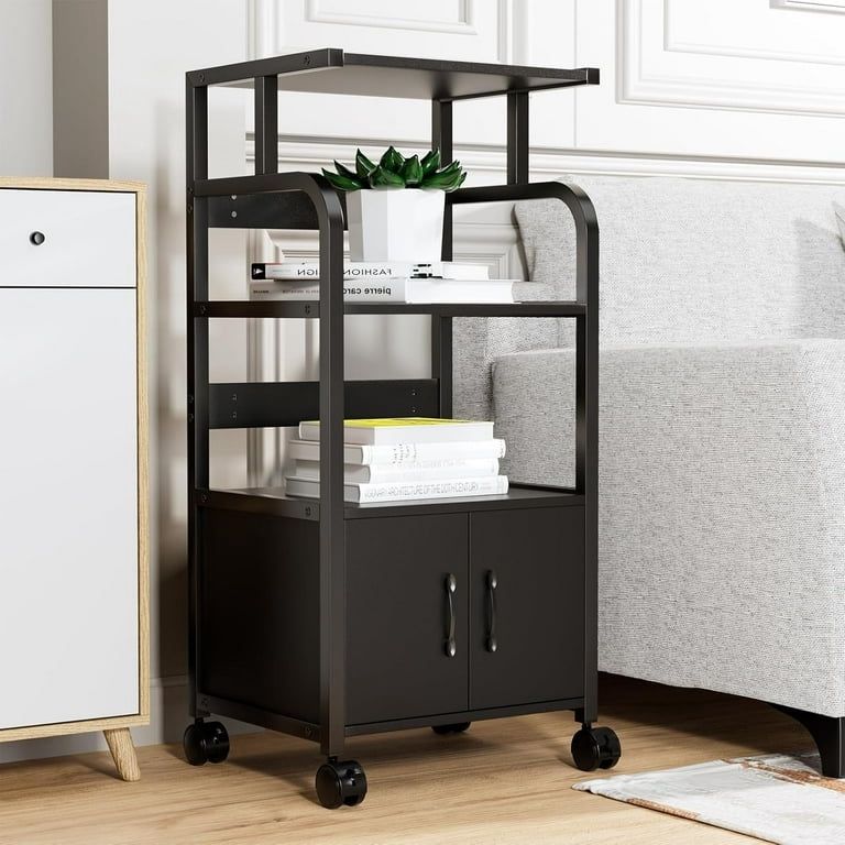 Assembled 4-Tier Large Printer Stand w/ Shelves Movable Storage Cart Floor-Standing Printer Cart Multi-Purpose Shelf Rack Wooden File Cabinet with Loc