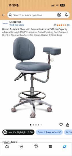 Brand New Grey/Chrome Height Adjustable Rolling Dental Assistant Chair w/Adjustable Rotatable Armrest