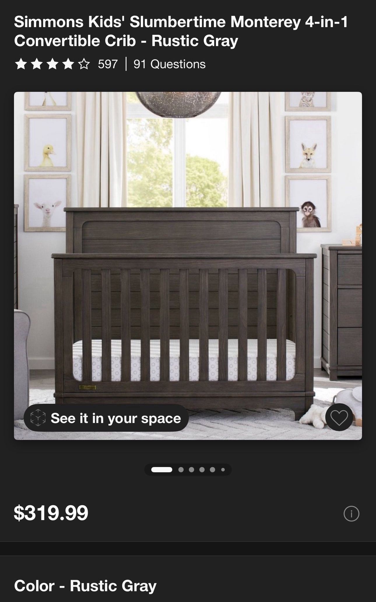 Simmons Kids' Slumbertime Monterey in Convertible Crib Rustic Gray