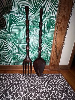 Giant Vintage MCM Wooden Spoon & Fork