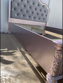 Purple Queen size bed frame with large dresser and mirror