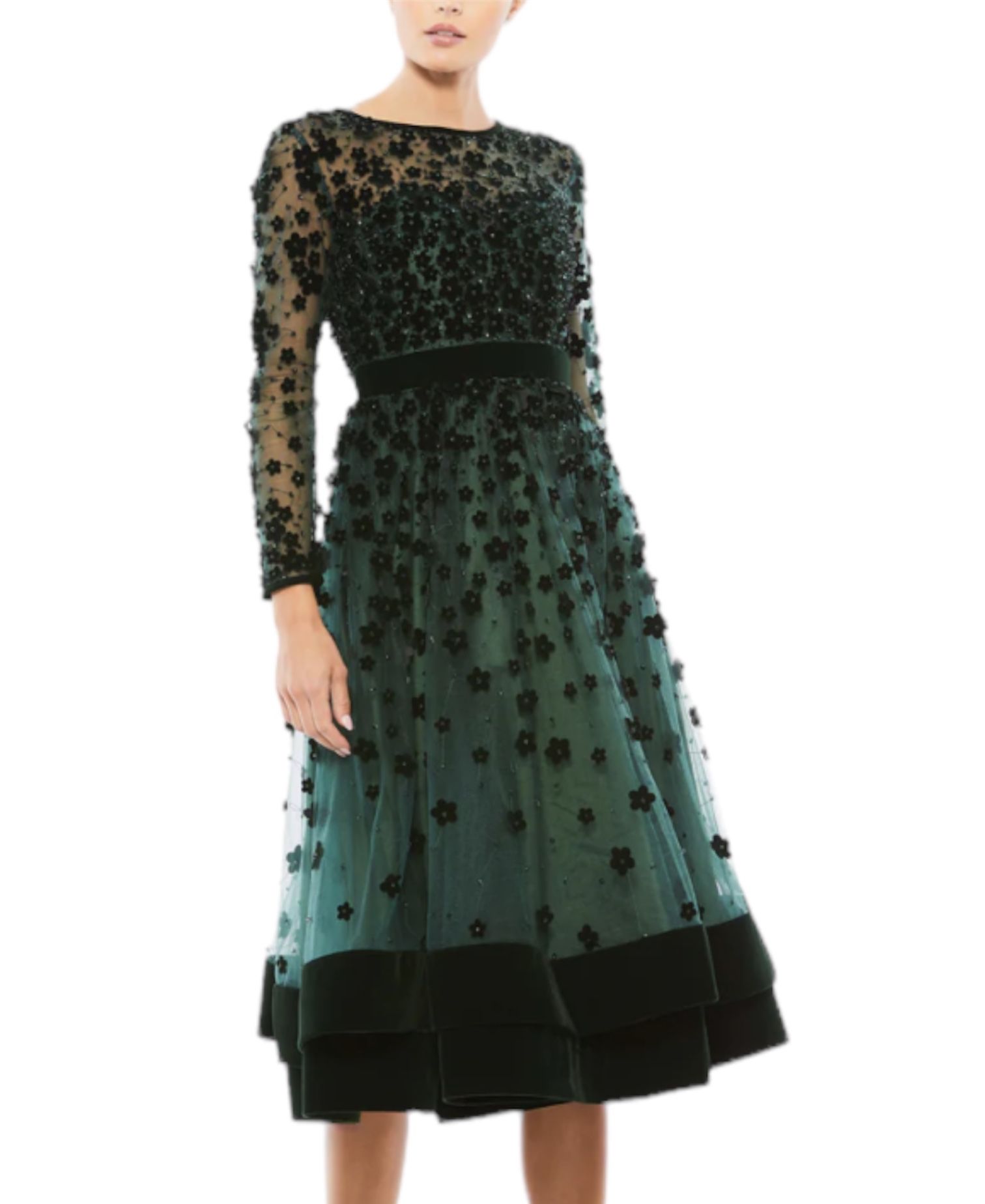 MAC DUGGAL EMBELLISHED ILLUSION HIGH NECK LONG SLEEVE FIT & FLARE EMERALD GREEN