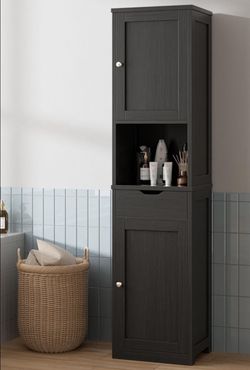 Floor Storage Cabinet with Adjustable Shelves, Bathroom Organizer 2 Doors and 1 Drawer f