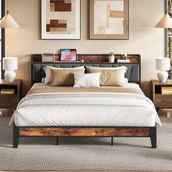 King Size Bed Frame with Storage Headboard and Charging Station Vintage Brown and Gray Upholstered Platform Bed Frame, Sturdy Noise-Free Metal Support