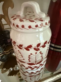 Red And white Glass Container With Lid