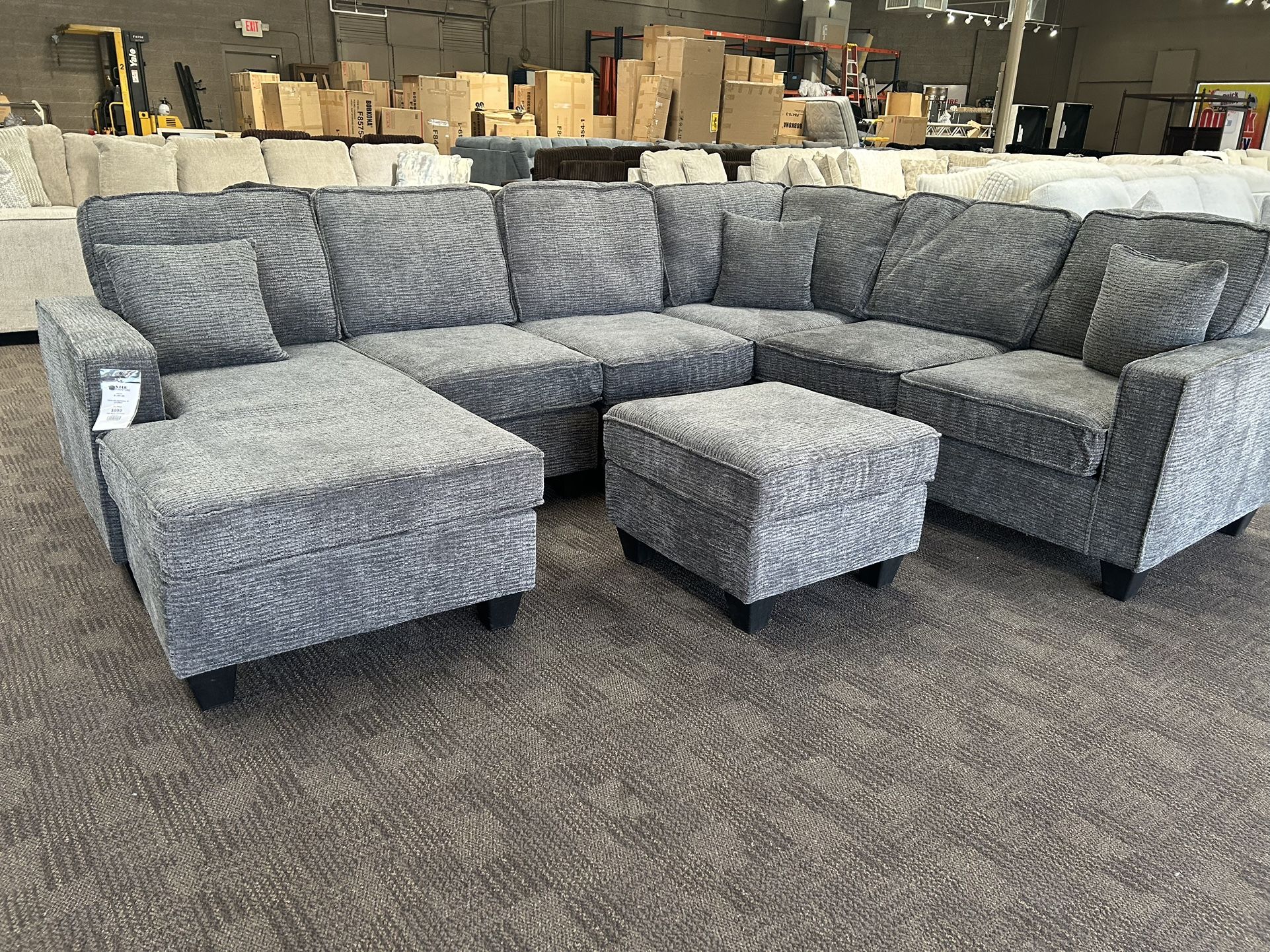 Large Comfy Charcoal Gray Sectional And Ottoman 