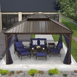 10x14 PURPLE LEAF Outdoor Hardtop Gazebo for Patio Bronze Aluminum Frame Pavilion with Navy-Blue Cur