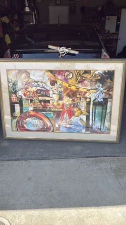 Large framed abstract, modern art 62 x 44 with gold accents