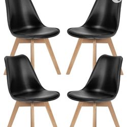 NEWBULIG Set of 4 Table Wood Legs PU Leather Cushion, Mid Century Modern Side Chair for Kitchen Dining Bedroom Living Room, Black
