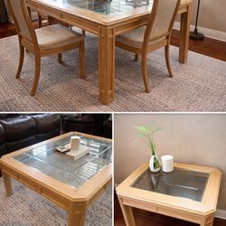 Matching Wood & Glass Dining + Coffee + Side Table Set (Chairs Included FREE)