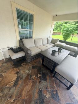 Large Outdoor Wicker Sectional Patio Set With Table & Bench