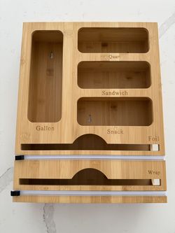 Storage Bag Organizer with Foil and Plastic Wrap Organizer , Aluminum Foil Dispenser with Cutter, Bamboo 6 in 1 Baggie Organizer Suitable for Gallon,