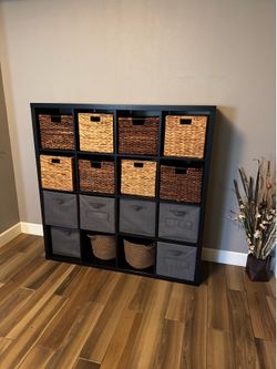 Cube storage shelves with baskets