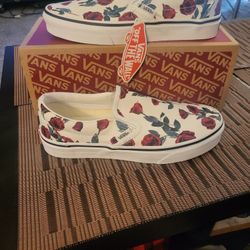 Vans Classic Slip-On skate shoes with the Red Roses/True White