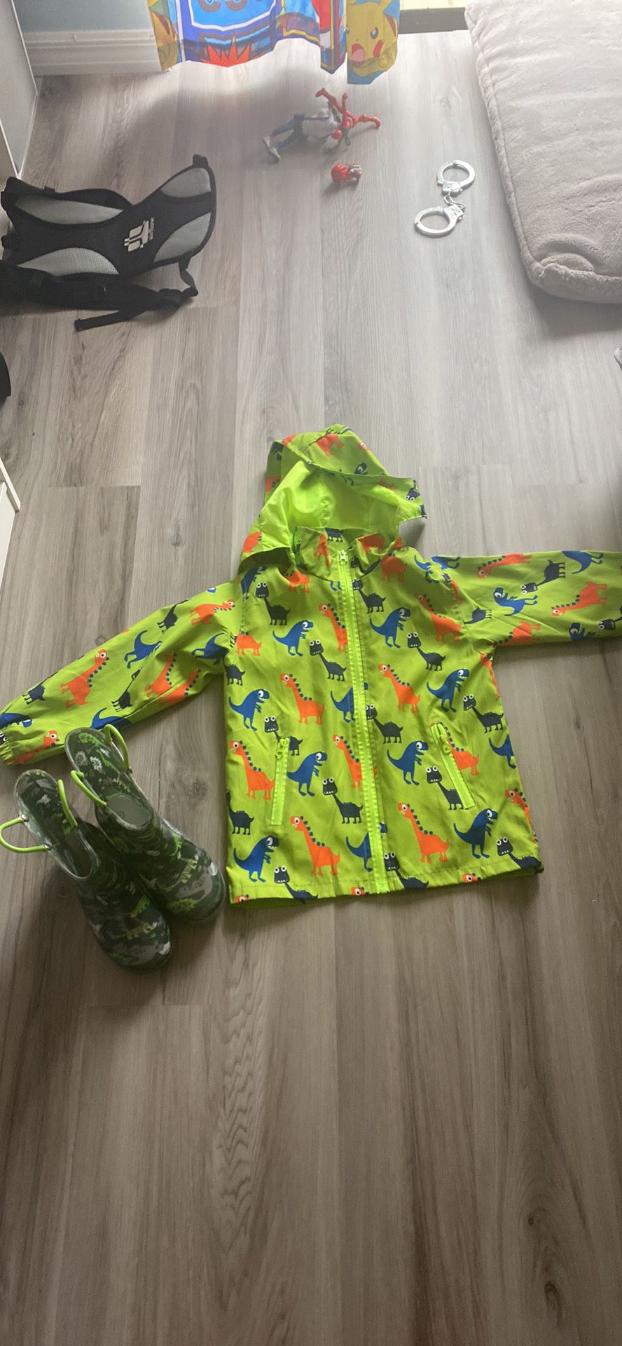 Dinosaur Rain Jacket Size 6/7 And Rain Boots Size 1