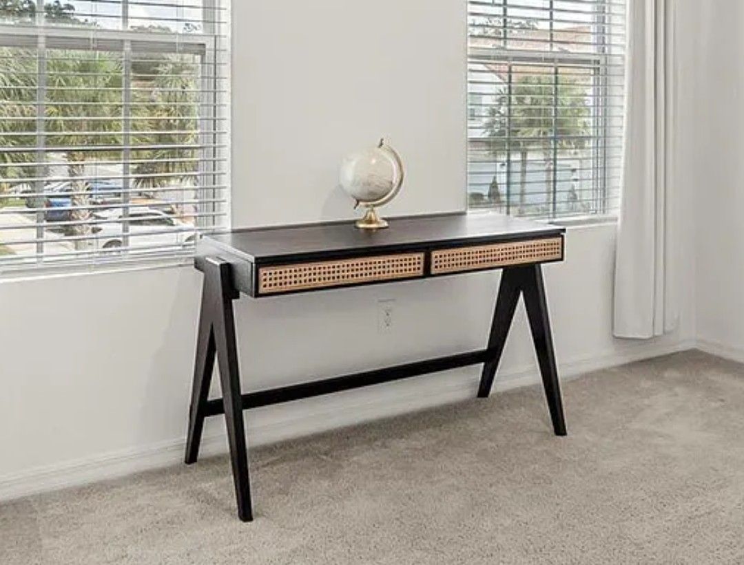 Charcoal Cane Desk with Drawers