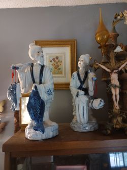 Japanese Couple Figurines Man w Fish lady fine porcelain