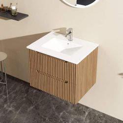 24 in. Wall-Mounted Bathroom Vanity in Walnut with White Ceramic Top, Single Sink with 2-Drawers $199  Warehouse Clearance Sale   🔥First Come, First 