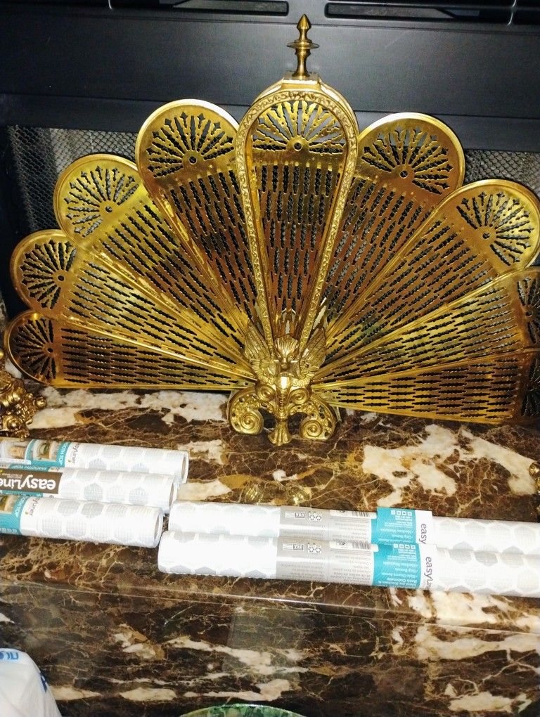 1920s Vintage Brass Fireplace Screen Fan Gargoyle Peacock Griffin