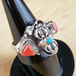 Sterling Silver Tibetan Dorjey Ring Size Adjustable With Coral And Turquoise
