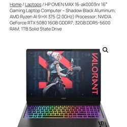 HP OMEN MAX 16-ak0003nr 16" Gaming Laptop Computer - Shadow Black Aluminum AMD Ryzen AI 9 HX 375 (2.0GHz) Processor; NVIDIA GeForce RTX 5080 16GB GDDR