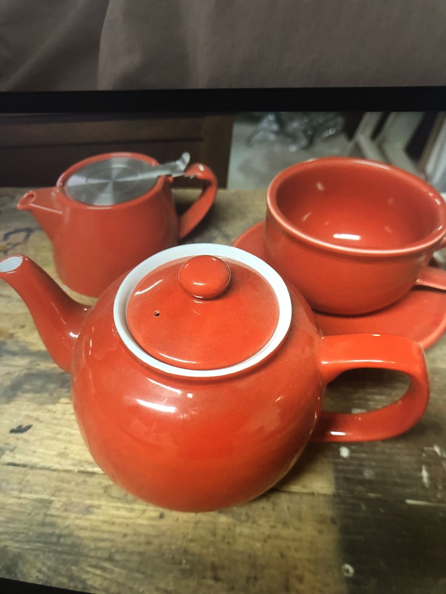 Vintage Red Teapot Tea Pot Cup Dishes Bundle