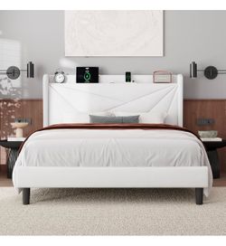 Feonase king Bed Frame with Charging Station, Velvet Upholstered Platform Bedframe with Wingback Headboard, Solid Wood Slats Support, Noise Free, No B