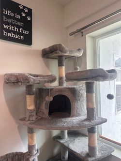 Cat Tree with Cat Condo Scratch Pad and Two Hammocks,Grey