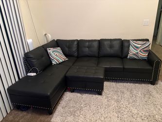 Black Faux Leather Sectional Sofa with Ottoman
