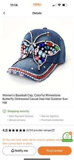 Women's Baseball Cap, Colorful Rhinestone Butterfly Distressed Casual Hat