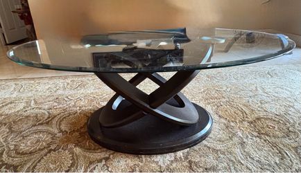 Contemporary Oval Glass Coffee Table – Sculptural Wood Base