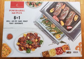 Emeril Power Grill 360, 6-in-1 Countertop Convection Toaster Oven with Top Indoor Grill, Air Fry, Roast, Toast, Bake, Dehydrate, Glass Lid, Stainless