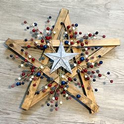 Patriotic Star Rustic Wood Door Hanger w/Fairy Lights 