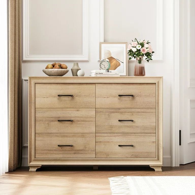 Homfa Oak Dresser, 6 Drawer Double Dresser for Bedroom, 47.2'' Wooden Storage Cabinet for Living Room