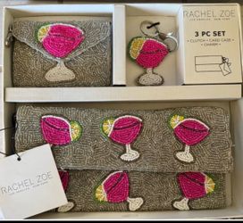 Rachel Zoe 3-Piece Beaded Sequin Clutch Set (Clutch, Card Case & Keychain) – New in Box