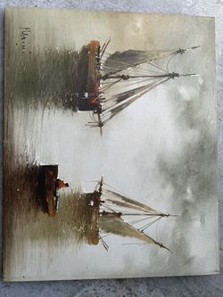 Antique Vintage 2’x2.5’ oil painting on canvas of sailing boats by Marini