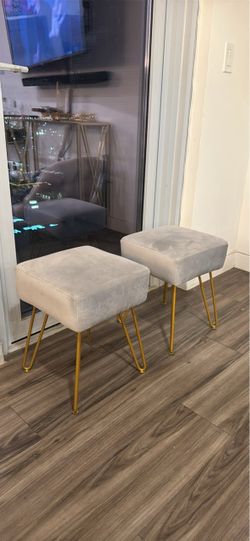 Set of 2 Velvet Ottoman Stools with Gold Hairpin Legs