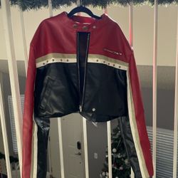 Vegan Leather Stripe Studded Moto Jacket 