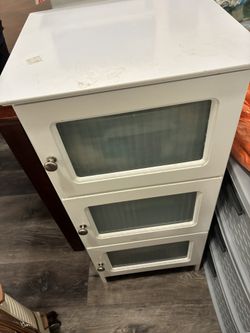 White Three Shelf Wooden Storage With Plastic Containers Included