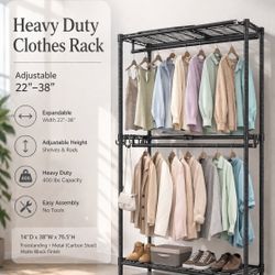 Heavy Duty Adjustable Clothes Rack 22”-38” Expandable Garment Rack w/Shelves Black