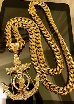 14K Gold Plated Miami Cuban Chain With Anchor Crucifix