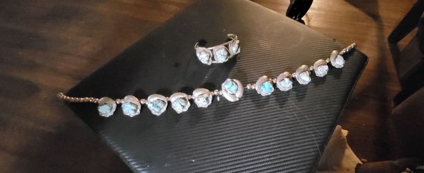 Turquoise and Sterling Silver Squash Blossom Necklace and Bracelet