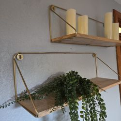 Wooden Shelves Home Decor Pair Of Wall Hanging Shelves Natural And Gold Color