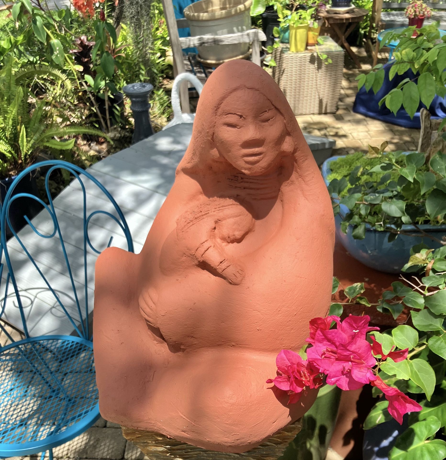 14.5” Terracotta Statue of Woman and Baby: 13”W x 10”D x 14.5”H